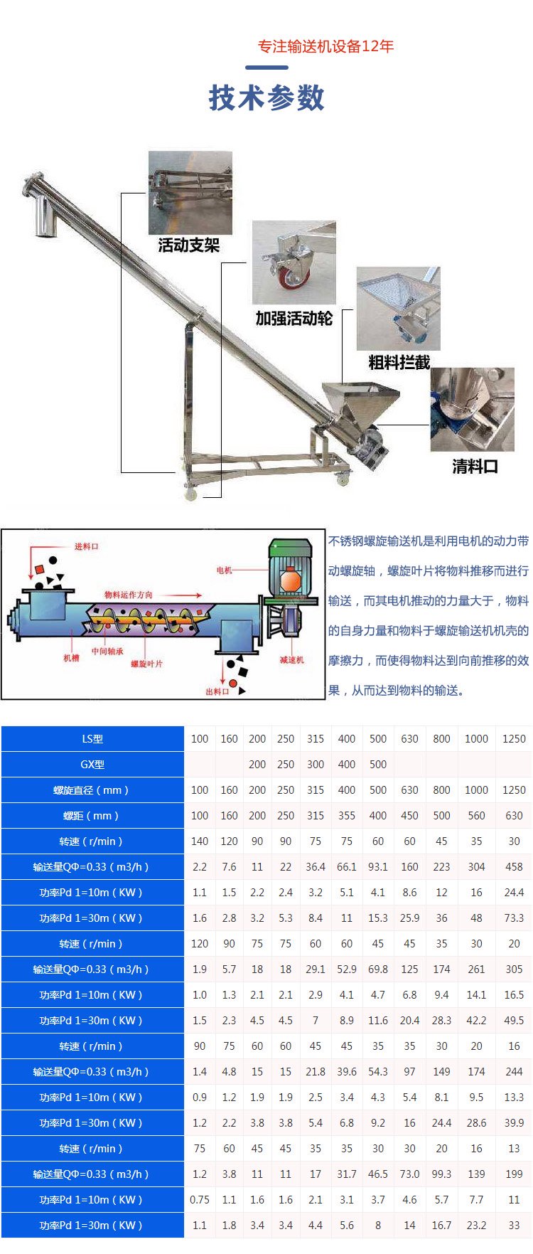 不锈钢螺旋输送机技术参数